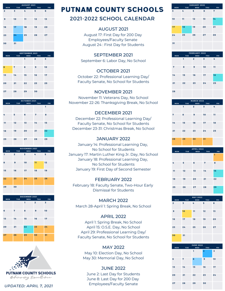 Putnam County Schools Calendar 2021 And 2022 PublicHolidays us