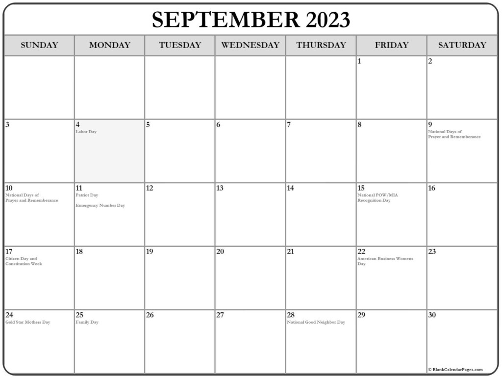 September 2023 With Holidays Calendar