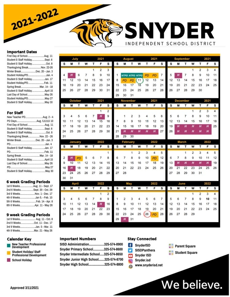 Snyder Independent School District Calendar 2021 And 2022 