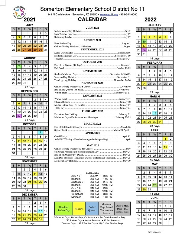 Somerton School District 11 Calendar 2021 And 2022 PublicHolidays