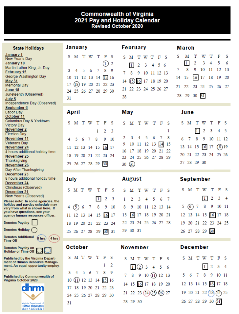 State Of Virginia Payroll Calendar 2021 Payroll Calendar