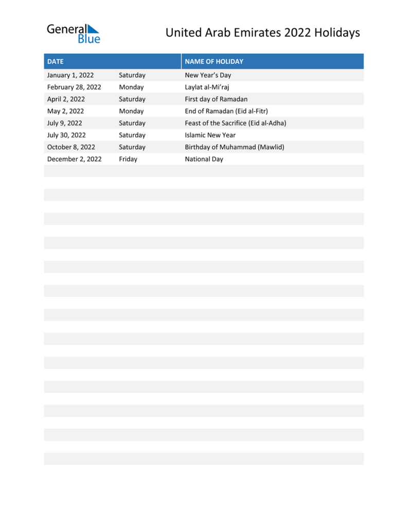 United Arab Emirates Holidays 2022 In PDF Word And Excel