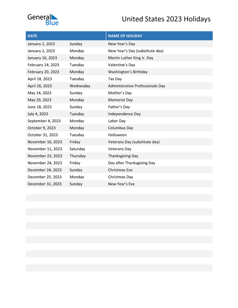 United States Holidays 2023 In PDF Word And Excel