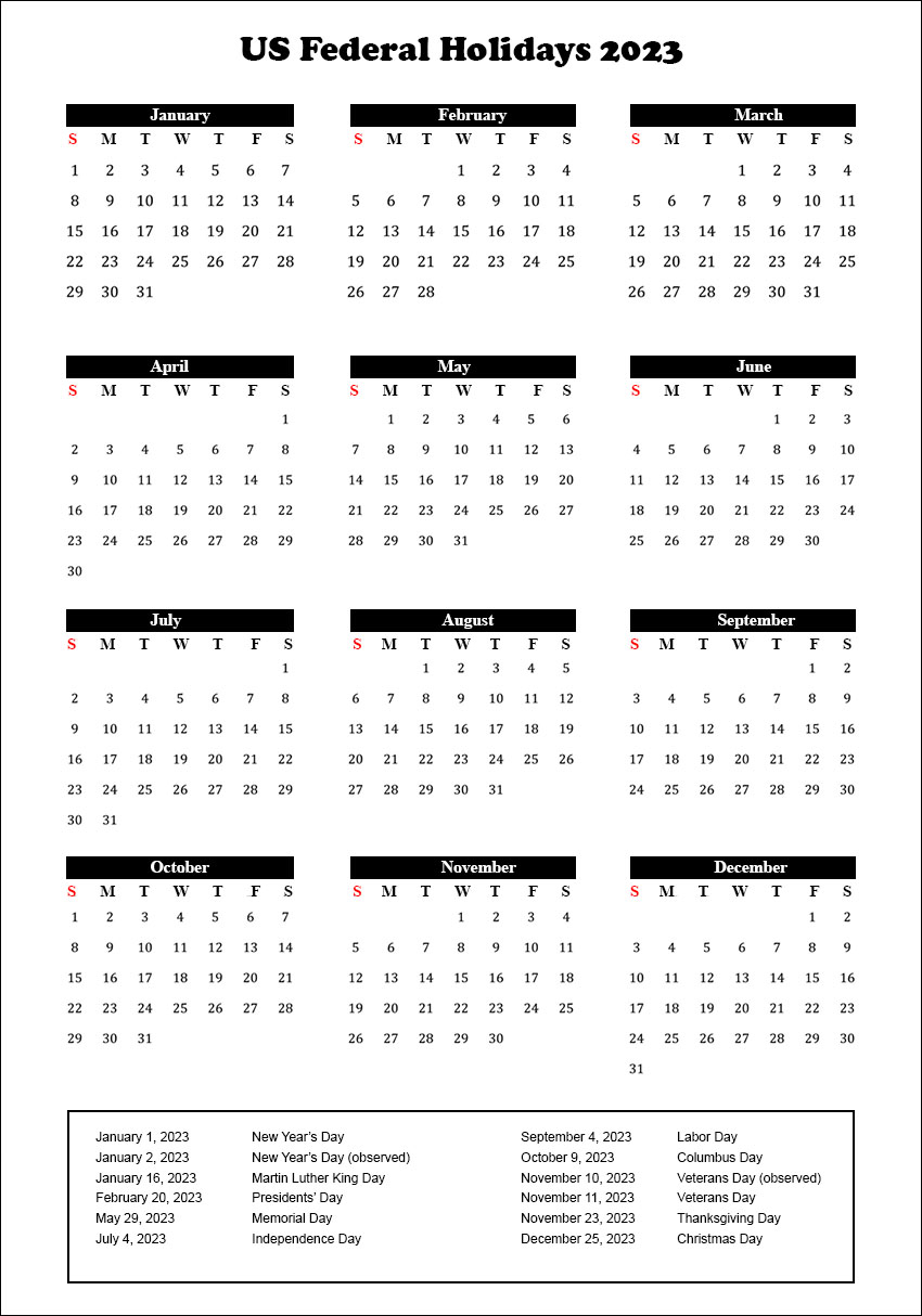 US Calendar 2023 With Federal Holidays Archives The Holidays Calendar