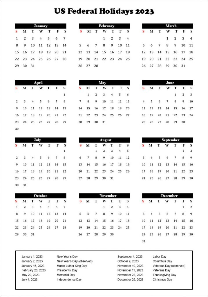 US Federal Holidays 2023 USA Calendar 2023 With Federal Holidays